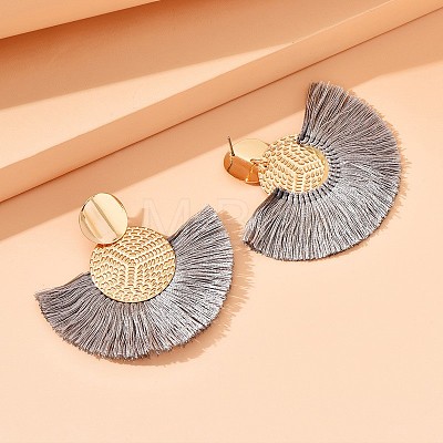 Flat Round with Fan Bohemian Style Iron Tassel Stud Earrings FS-WGA1D99-07-1