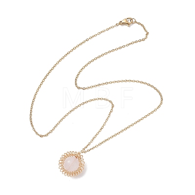 Natural Rose Quartz Copper Wire Wrapped Flower Pendant 304 Stainless Steel Cable Chain Necklaces for Women NJEW-JN05616-02-1