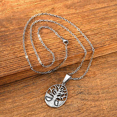 Vintage 304 Stainless Steel Hollow Oval with Tree of Life Pendant Necklaces WG4D9D4-01-1