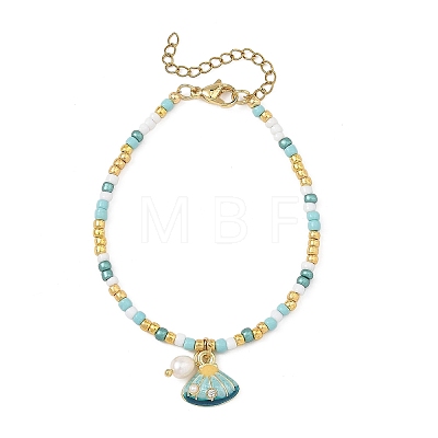 Ocean Natural Pearl and Alloy Crystal Rhinestone Enamel Shell Shape Charm Bracelets BJEW-JB14256-1