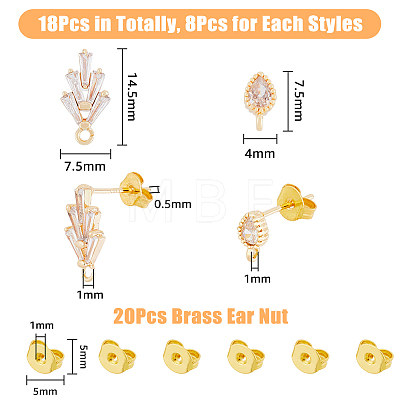 16Pcs 2 Style Brass Cubic Zirconia Stud Earring Findings ZIRC-DC0001-11-1