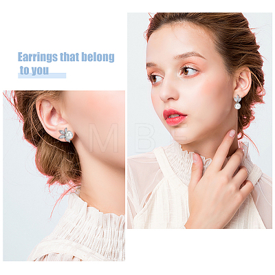 FIBLOOM 4 Pairs 4 Style Brass Micro Pave Cubic Zirconia Stud Earrings with Plastic Imitation Pearls EJEW-FI0003-11-1