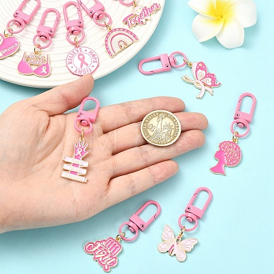 10Pcs 10 Styles Breast Cancer Awareness Ribbon Alloy Enamel Flower Pendant Decorations HJEW-YW00317-1