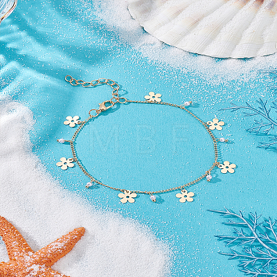 1Pc Brass Curb Chain Flower Charm Anklets AJEW-LP0007-64-1