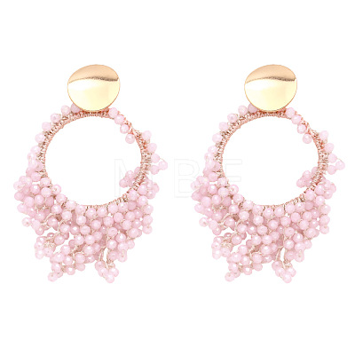 Flat Round Brass Glass Bead Dangle Stud Earrings FS-WG04037-05-1