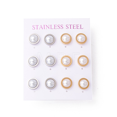 6 Pair Shell Pearl Half Round Stud Earrings EJEW-A067-19-1