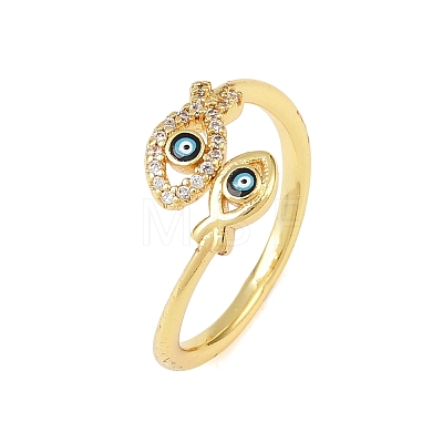Blue Evil Eye Fish Brass Micro Pave Clear Cubic Zirconia Rings RJEW-A088-02G-1