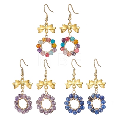 3 Pairs Bowknot with Ring Dyed & Heated Natural Agate Dangle Earrings EJEW-JE06839-1