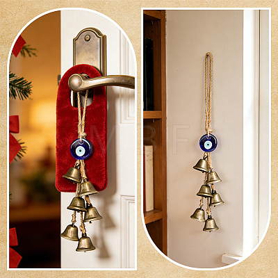 4Pcs Iron Bell with Handmade Lampwork Flat Round Evil Eye Pendant Decorations HJEW-PH02575-1