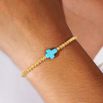 Cross Synthetic Turquoise & Round Brass Beaded Stretch Bracelets VG5379-1-1