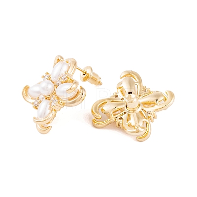 Clover Brass Pave Clear Cubic Zirconia & Freshwater Pearl Stud Earrings for Women LS-EJEW-G391-01G-1