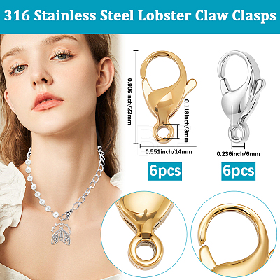12Pcs 2 Colors 316 Stainless Steel Lobster Claw Clasps STAS-BBC0007-37-1