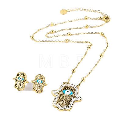 Hamsa Hand with Evil Eye Resin & Rhinestone Stud Earrings & Pendant Necklaces Sets SJEW-M100-06G-1