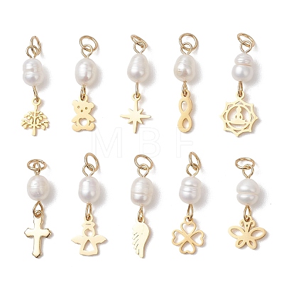 Natural Cultured Freshwater Pearl Rice with 304 Stainless Steel Pendants PALLOY-JF04791-1