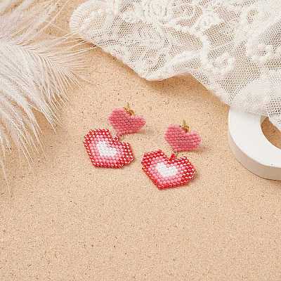 Glass Seed Braided Double Heart Dangle Stud Earrings EJEW-MZ00017-1