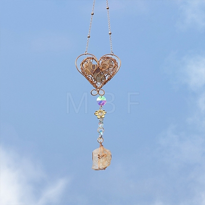 Wire Wrapped Natural Citrine Chip & Metal Heart Hanging Ornaments PW-WG4135E-01-1