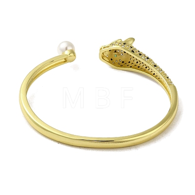 Brass Pave Clear & Green Cubic Zirconia Leopard Open Cuff Bangle for Women BJEW-K246-18G-1