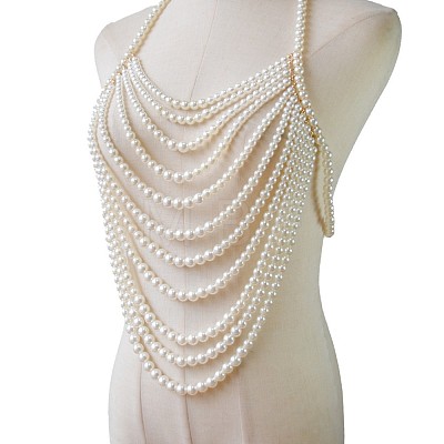 Plastic Imitation Pearl Round Beaded Multi-Layer Sexy Bikini Chest Body Chains WG29523-01-1