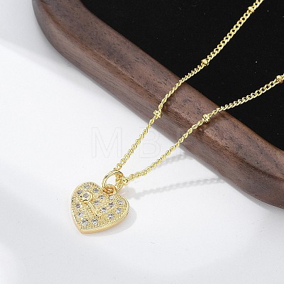 Brass Micro Pave Clear Cubic Zirconia Heart with Key Pendant Necklaces for Women NJEW-M088-02G-01-1