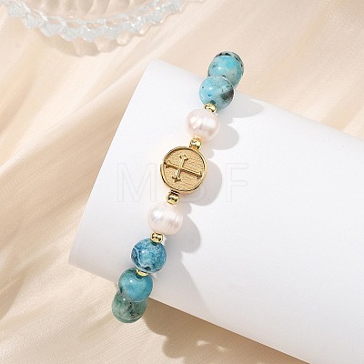 Natural Gemstone Hemimorphite & Cultured Freshwater Pearl & Brass Beads Stretch Bracelets for Women BJEW-JB13796-1
