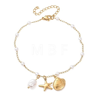 Ocean 304 Stainless Steel and Imitation Pearl Charm Anklets for Women SA-CBA3D94-04B-G-1