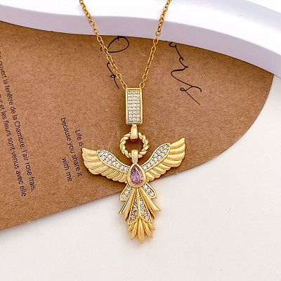 Brass Pave Cubic Zirconia Phenix Pendant Necklaces for Women WGFFBCE-01-1