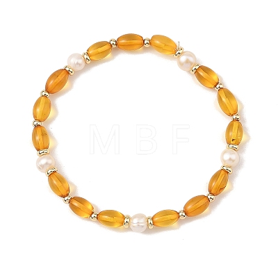 Oval Natural Baltic Amber & Natural Cultured Freshwater Pearl & Brass Beaded Stretch Bracelets for Women BJEW-JB14171-1