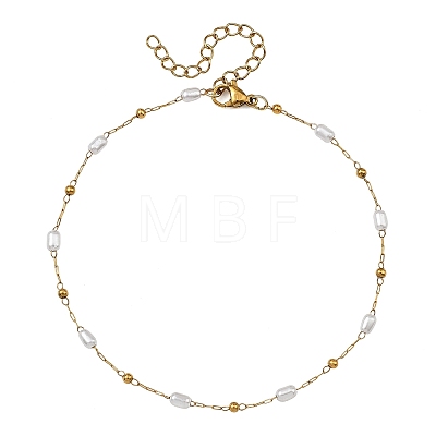 Handmade 304 Stainless Steel and ABS Plastic Pearl Oval Link Chain Anklets for Women AJEW-AN00822-1