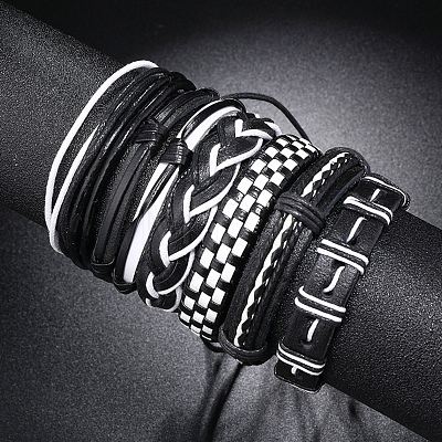 6Pcs 6 Style Adjustable Braided Imitation Leather Cord Bracelet Set with Waxed Cord for Men BJEW-F458-06-1