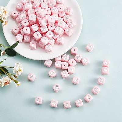 20Pcs Pink Cube Letter Silicone Beads 12x12x12mm Square Dice Alphabet Beads with 2mm Hole Spacer Loose Letter Beads for Bracelet Necklace Jewelry Making JX435I-1