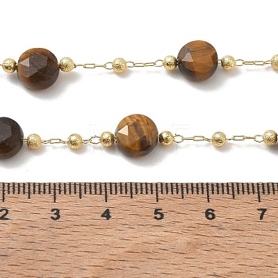 Natural Tiger Eye Faceted Flat Round Beaded Chain Necklaces with Matte Brass Beads GG-CBA37F5-01G-04-1