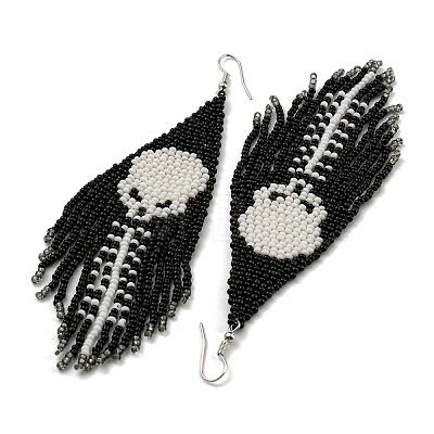 Boho Seed Bead Halloween Skeleton Tassel Earrings EJEW-Q380-04D-1