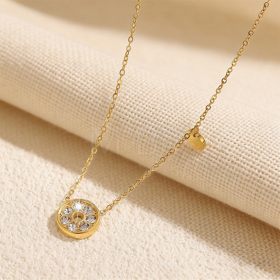 304 Stainless Steel Crystal Rhinestone Flat Round Pendant Necklaces for Women WG4D5C1-01-1