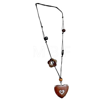 Adjustable Wood Heart Pendant Black Waxed Cord Long Necklaces with Resin Flower for Women WG3A463-01-1