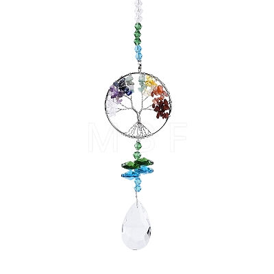 Chakra Natural Mixed Stone Chips Tree of Life Suncatcher HJEW-N005-01-1