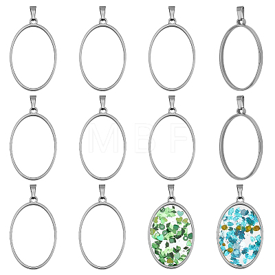 10Pcs 304 Stainless Steel Open Back Bezel Oval Pendants PALLOY-UN00038-1