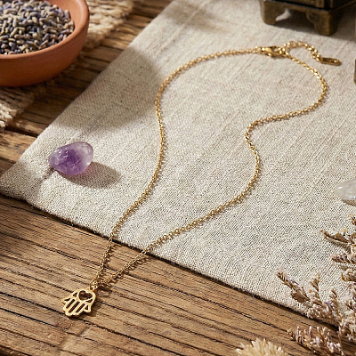 304 Stainless Steel Hollow Heart Hamsa Hand Pendant Cable Chain Necklaces for Women LS-VC2540-1