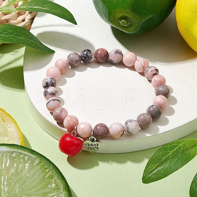 Teachers' Day Thank You 8mm Round Natural Zebra Jasper Stretch Bracelets BJEW-JB10432-02-1