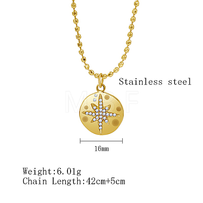 Stainless Steel Rhinestone Flat Round with Star Pendant Necklaces NS9570-1-1