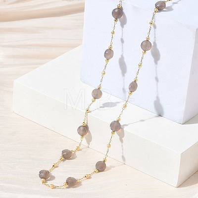 Natural Grey Agate Faceted Flat Round Beaded Chain Necklaces with Matte Brass Beads GG-CBA37F5-01G-12-1