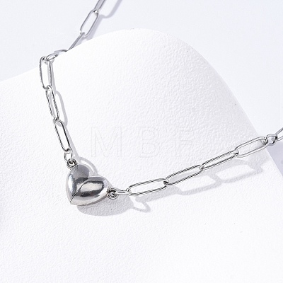 304 Stainless Steel Double-Sided Magnetic Heart Pendant Paperclip Chain Necklaces NJEW-U028-02P-1