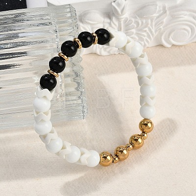 Ion Plating(IP) 304 Stainless Steel & Round Glass Beaded Stretch Bracelets for Women Men BJEW-M046-04G-1