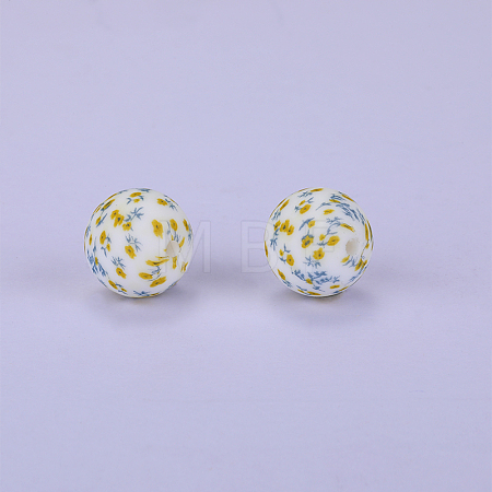Printed Round with Flower Pattern Silicone Focal Beads SI-JX0056A-165-1