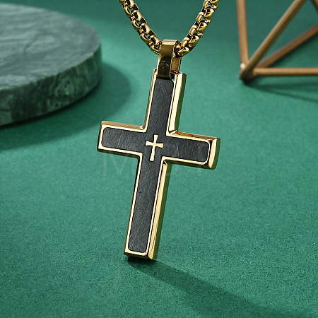 304 Stainless Steel with Wood Religion Cross Pendant Box Chain Necklaces for Men FS-WGA9A37-03-1