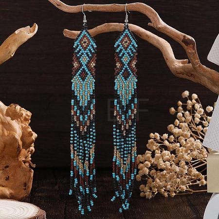 Bohemian Handmade Glass Seed Beads Rhombus Long Tassel Dangle Earrings AP6965-1