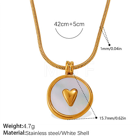 304 Stainless Steel with Natural White Shell Flat Round with Heart Pendant Necklaces for Women WG2F9FE-06-1