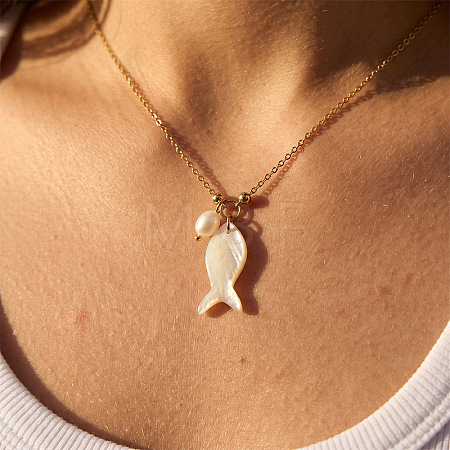 Ocean Natural Shell Fish Pendant 304 Stainless Steel Chain Necklaces for Women WGCFF8B-02-1