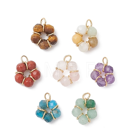 7Pcs 7 Styles Natural Red Jasper & Amethyst & Tiger Eye & Rose Quartz & Apatite & Flower Amazonite & Green Aventurine Faceted Round Beaded Flower Charms PALLOY-JF04727-1