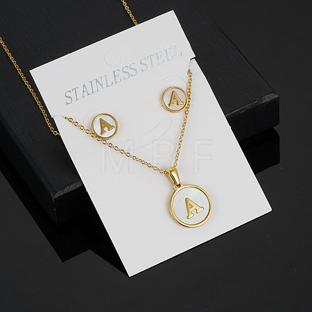 304 Stainless Steel with Natural Shell Pendant Necklaces & Stud Earrings Sets FS-WG5FD70-01-1