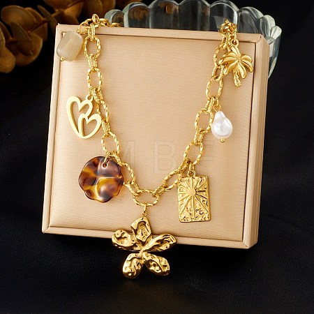 304 Stainless Steel & Resin & Imitation Pearl Multi-Pendant Bib Necklaces for Women SA-CBA717A-02G-01-1